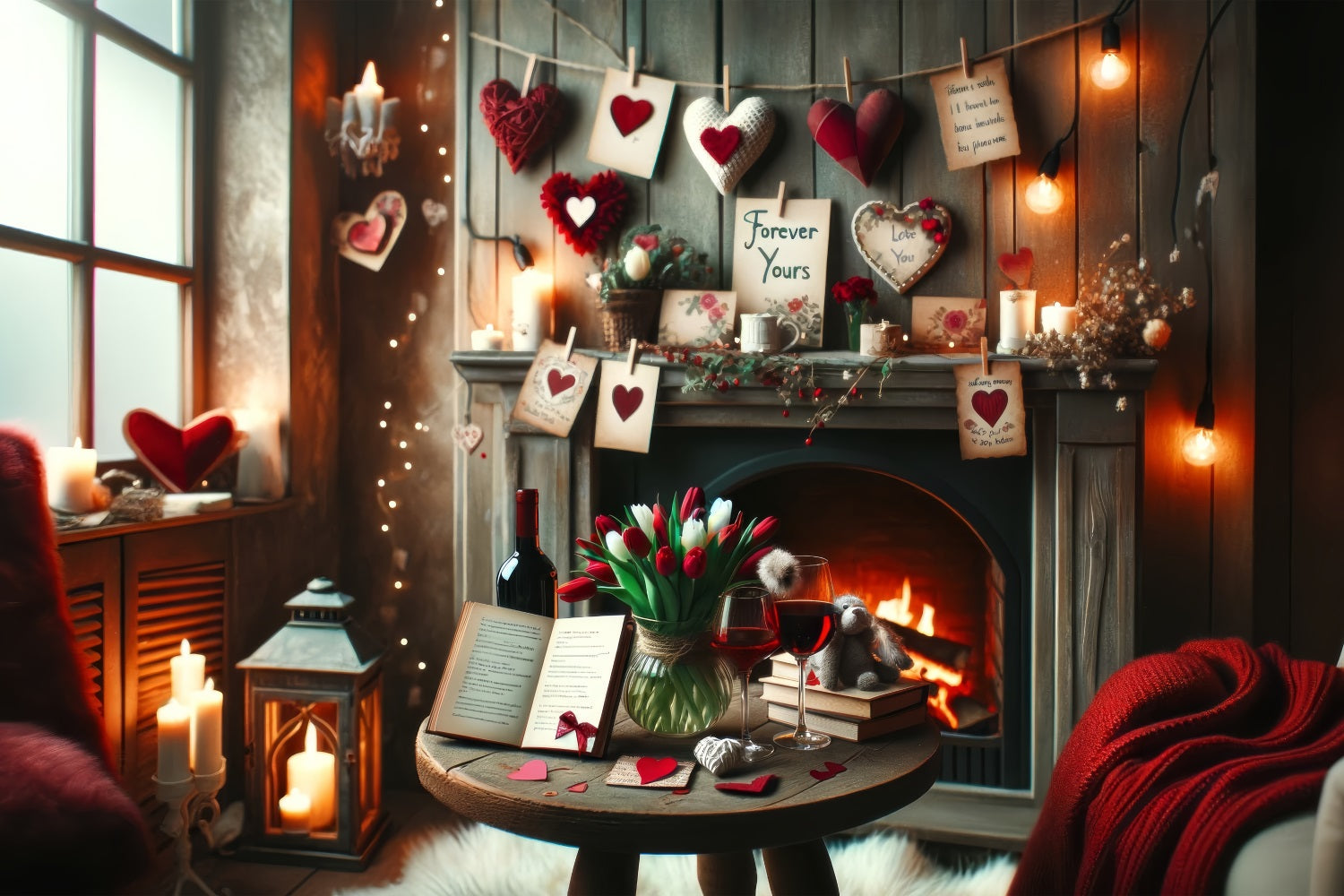 Toile de Fond St-Valentin Cheminée Rustique Notes d'Amour BRP1-135