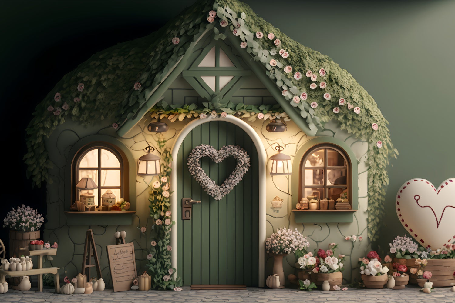 Toile de Fond Photo Saint Valentin Cottage Couverts de Fleurs BRP1-136