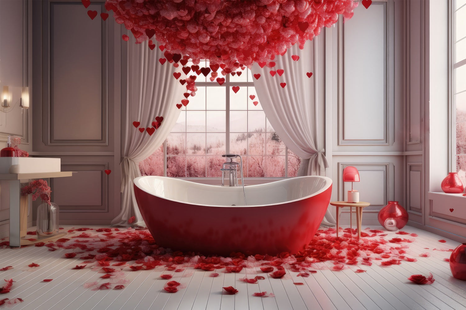 Toile de Fond Décor St-Valentin Salle de Bain Scene Cœurs Roses BRP1-145