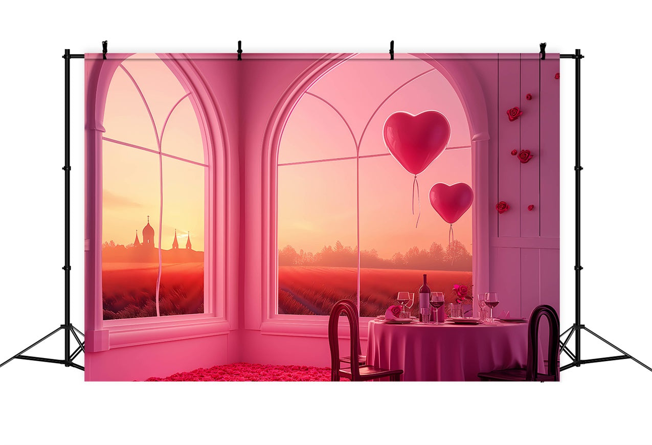 Toile de Fond Photo Saint Valentin Fenêtre Coucher du Soleil Cœurs Ballons BRP1-149