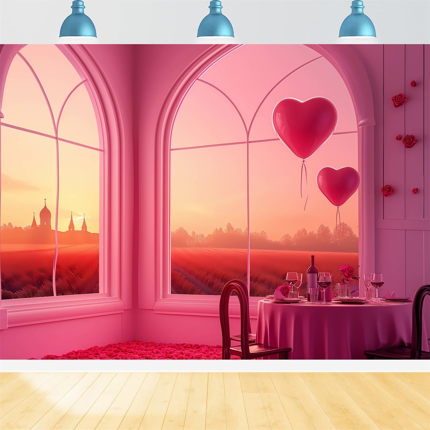 Toile de Fond Photo Saint Valentin Fenêtre Coucher du Soleil Cœurs Ballons BRP1-149