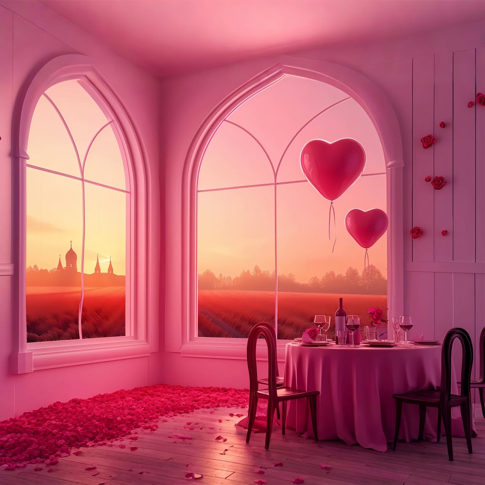 Toile de Fond Photo Saint Valentin Fenêtre Coucher du Soleil Cœurs Ballons BRP1-149