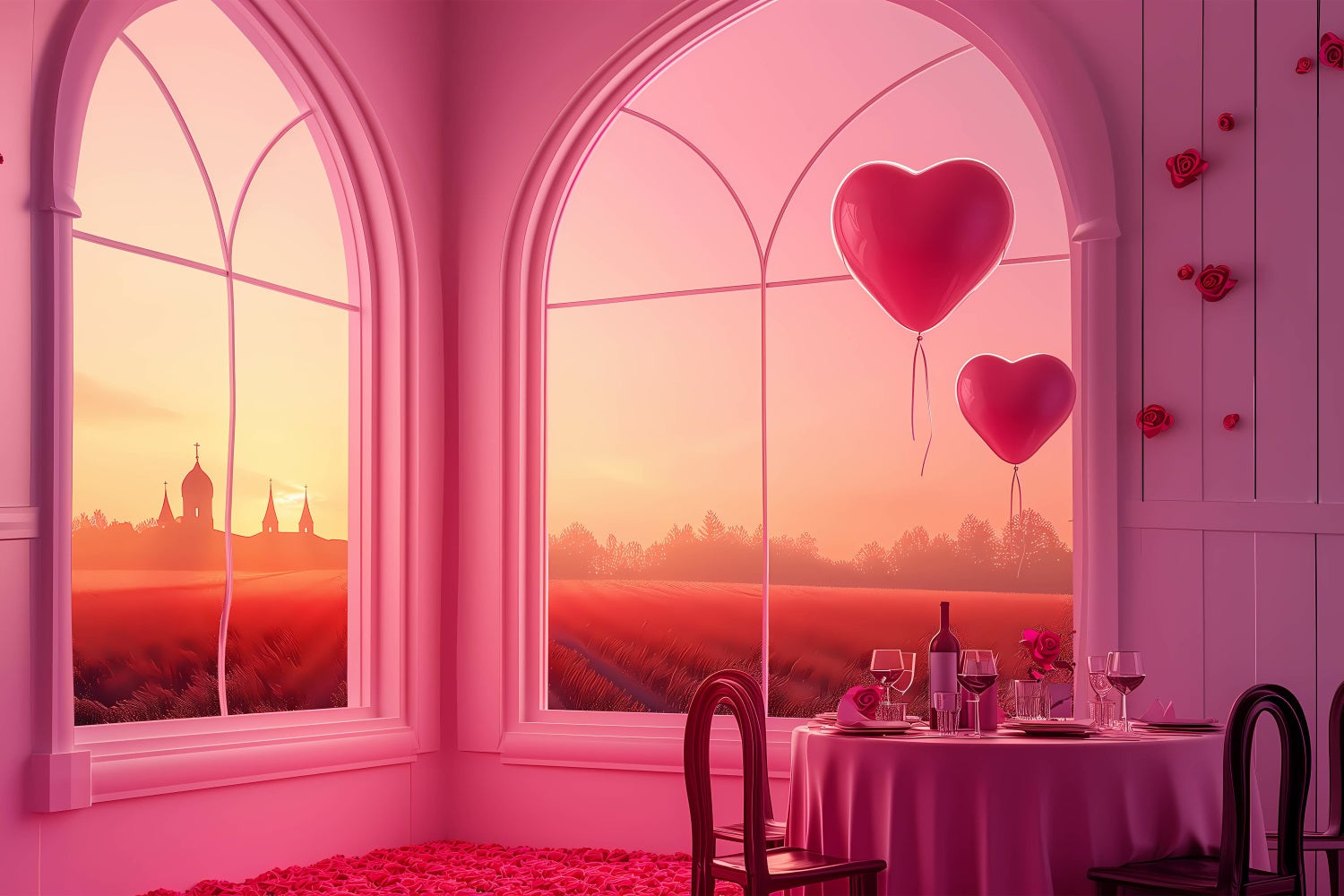 Toile de Fond Photo Saint Valentin Fenêtre Coucher du Soleil Cœurs Ballons BRP1-149