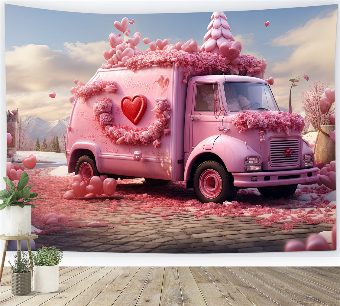 Toile de Fond St-Valentin Camion Fleuri Scene Cœurs BRP1-155