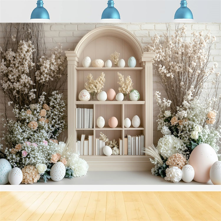 Fond Studio Photo Pâques Décor Floral Bibliothèque Œufs BRP1-223