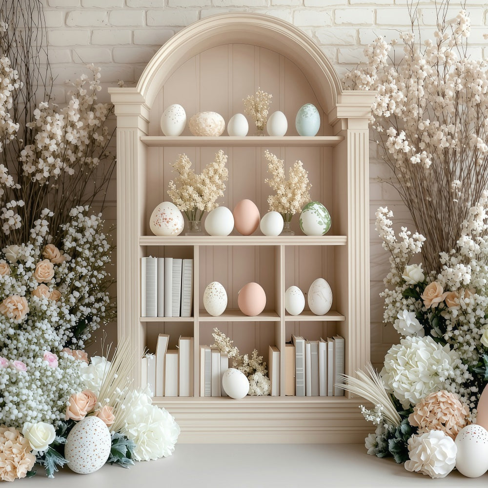 Fond Studio Photo Pâques Décor Floral Bibliothèque Œufs BRP1-223
