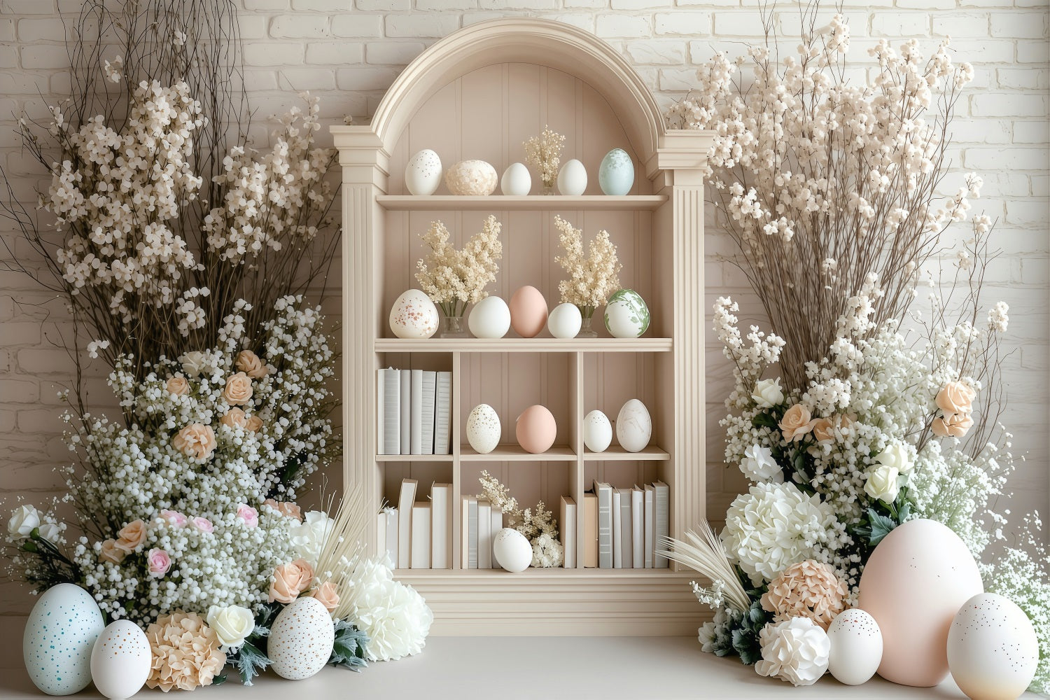 Fond Studio Photo Pâques Décor Floral Bibliothèque Œufs BRP1-223