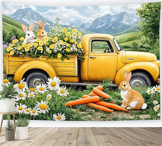 Fond Studio Photo Pâques Camion Jaune Enchanté Lapin BRP1-226