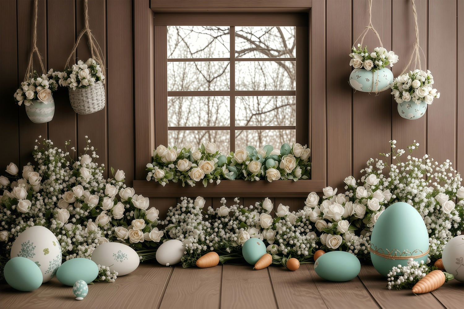 Fond Photo Pâques Fenêtre Rustique Rose Blanche BRP1-236