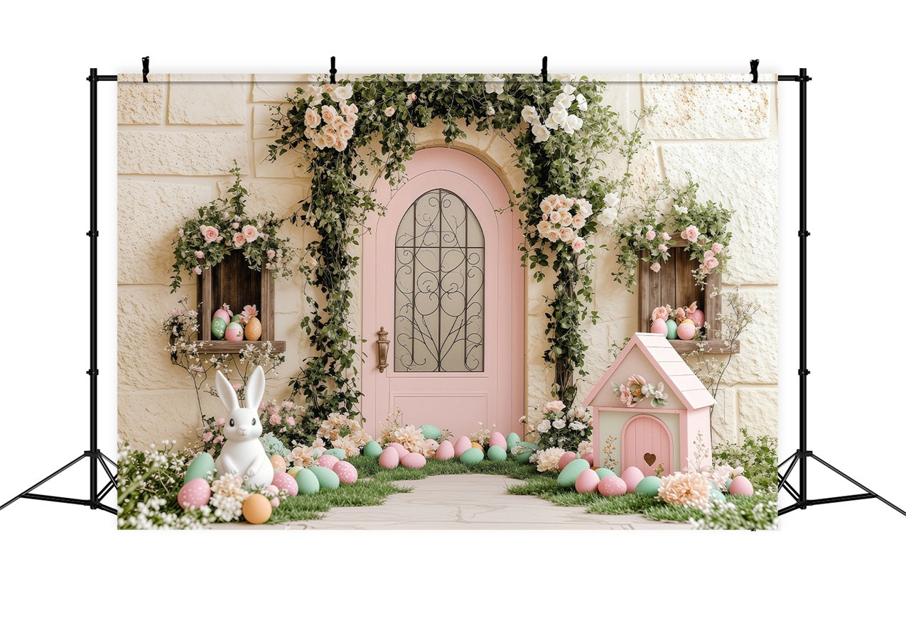 Toile de fond Déco Pâques Jardin Lapin Porte Rose BRP1-238