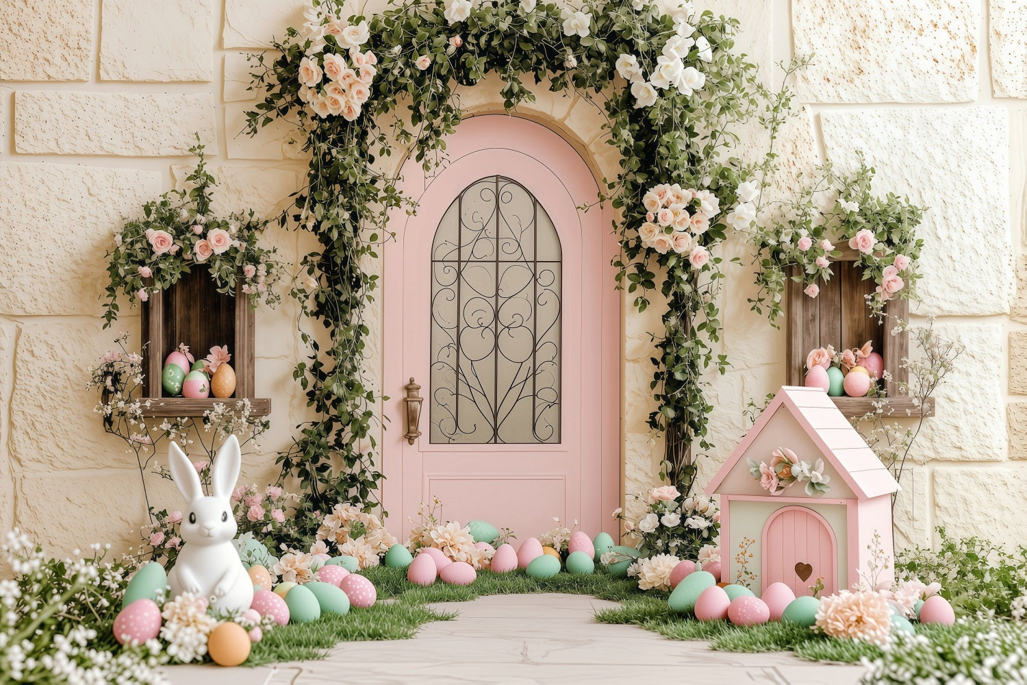 Toile de fond Déco Pâques Jardin Lapin Porte Rose BRP1-238