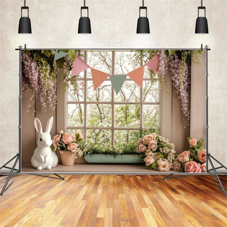 Fond Studio Photo Pâques Fenêtre Fleurie Lapin Printemps BRP1-251
