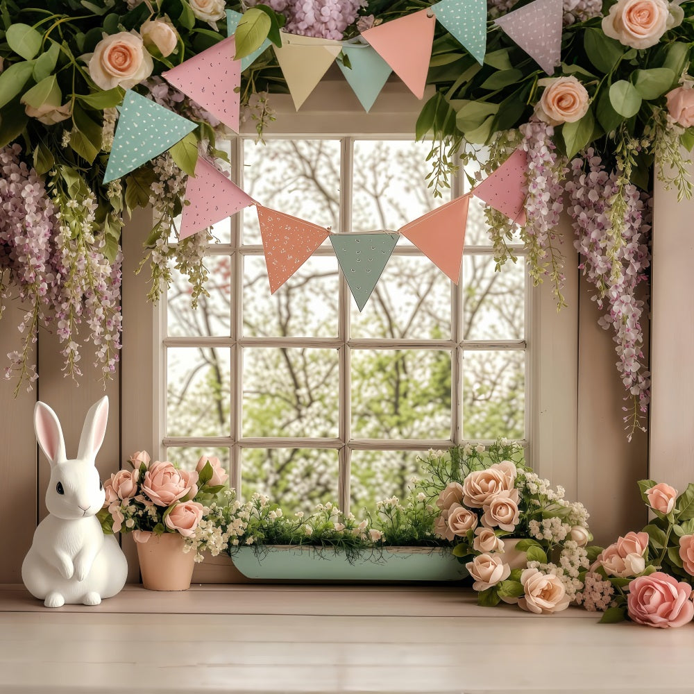 Fond Studio Photo Pâques Fenêtre Fleurie Lapin Printemps BRP1-251