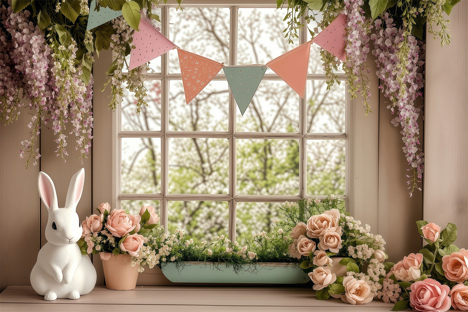 Fond Studio Photo Pâques Fenêtre Fleurie Lapin Printemps BRP1-251