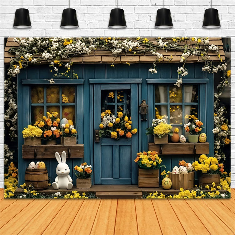 Toile de fond Pâques Cottage Bleu Lapin Fleurs BRP1-253