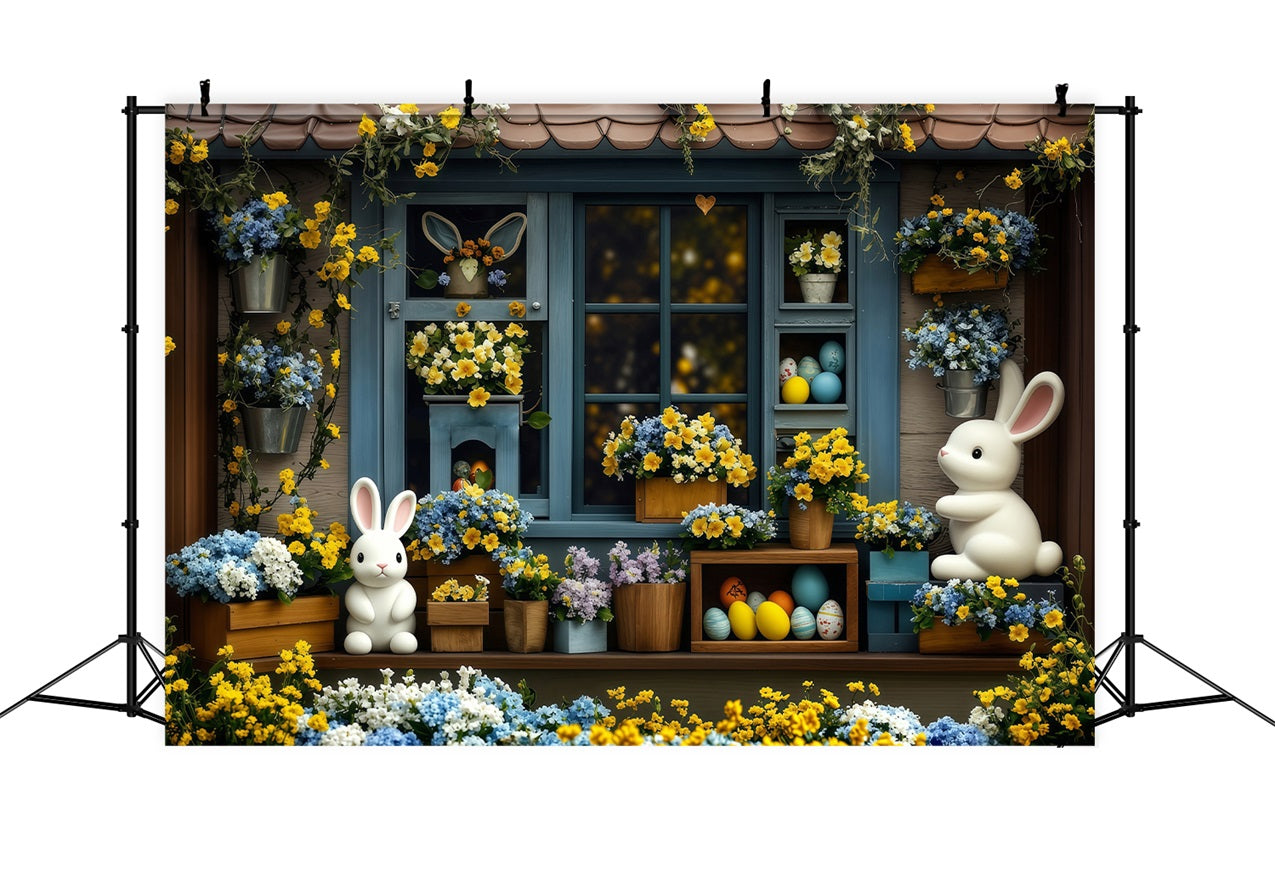 Fond Studio Photo Pâques Œufs Jaunes Fleurissant Lapin Bleu BRP1-254