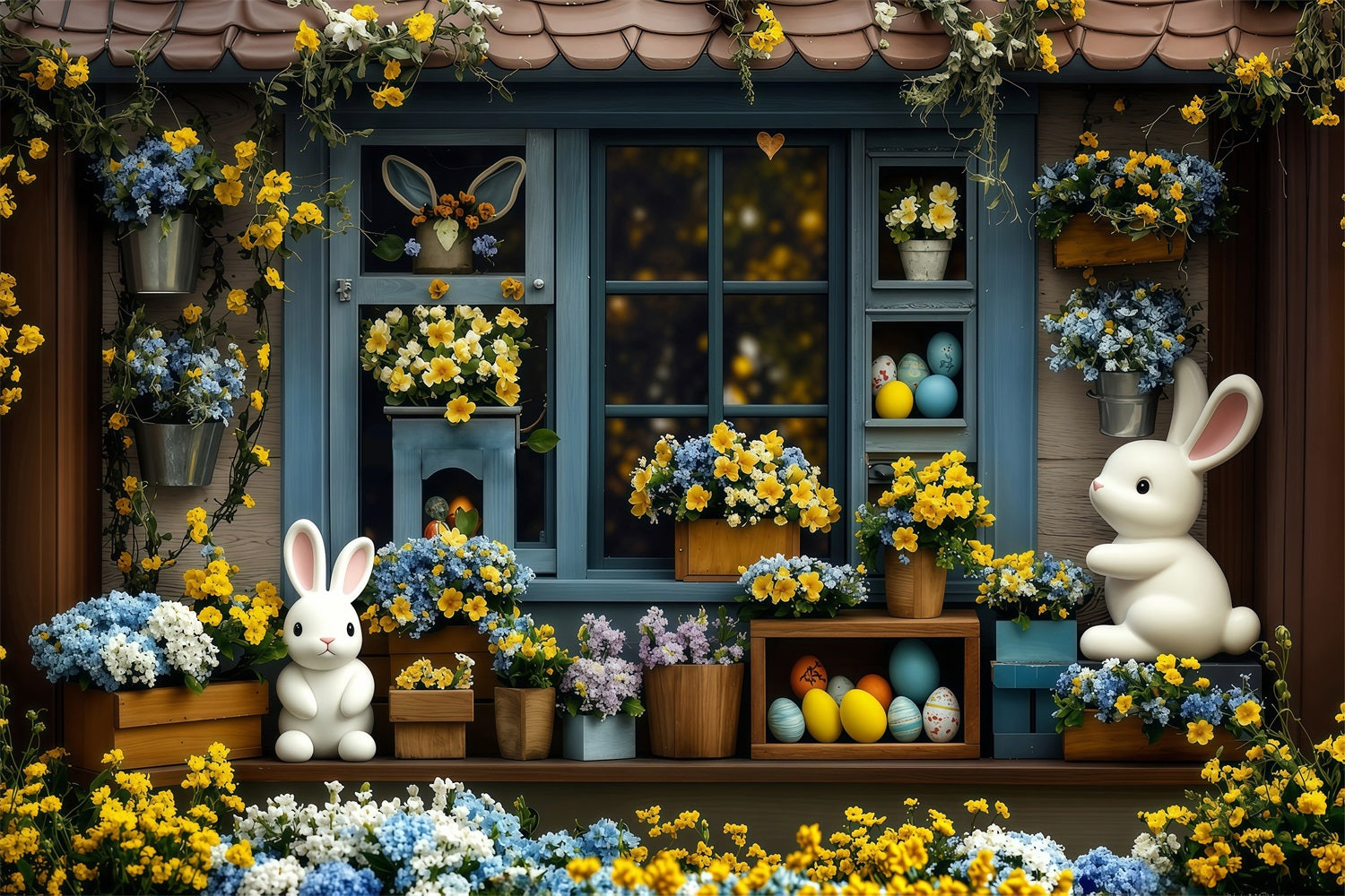 Fond Studio Photo Pâques Œufs Jaunes Fleurissant Lapin Bleu BRP1-254