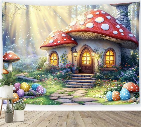 Fond Photo Pâques Fantaisie Printanière Maison Champignon Œufs BRP1-281