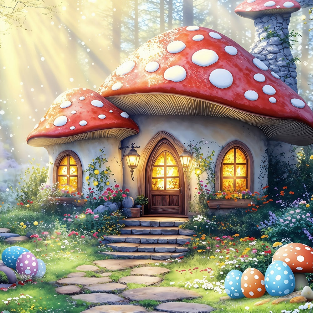 Fond Photo Pâques Fantaisie Printanière Maison Champignon Œufs BRP1-281