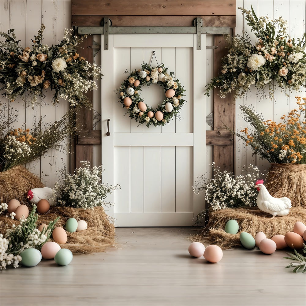 Fond Photo Pâques Porte de Grange Couronne Florale BRP1-285