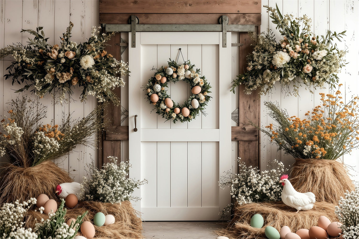 Fond Photo Pâques Porte de Grange Couronne Florale BRP1-285