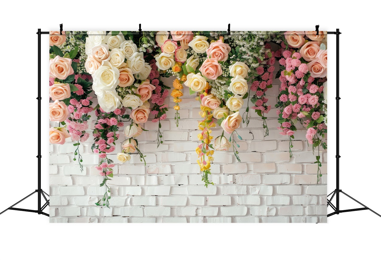 Toile de fond Mur de Fleur Roses Gracieuses Blanc Rustique BRP1-371
