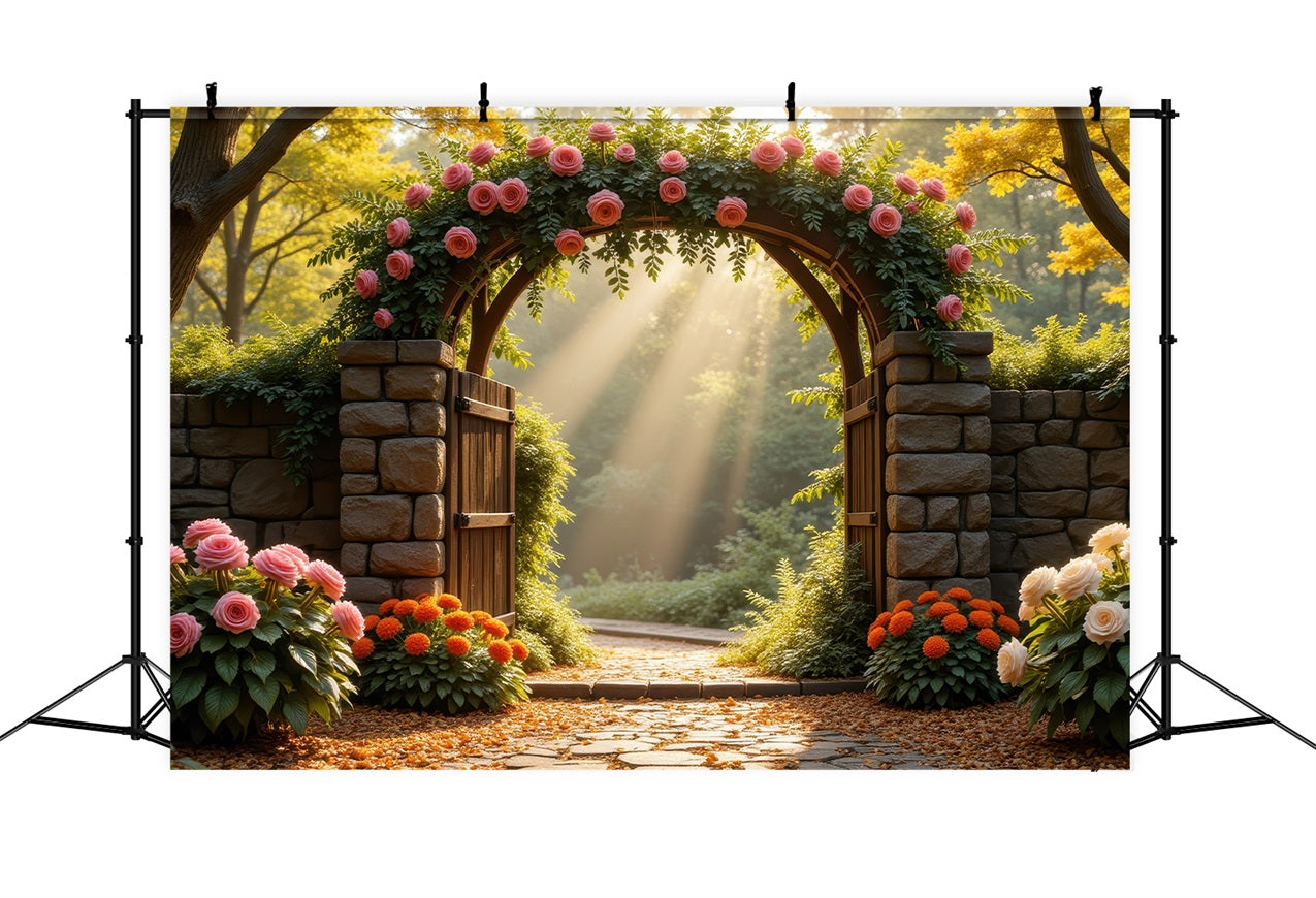Fond Fleuri Arche en Pierre Chargée de Roses BRP1-514