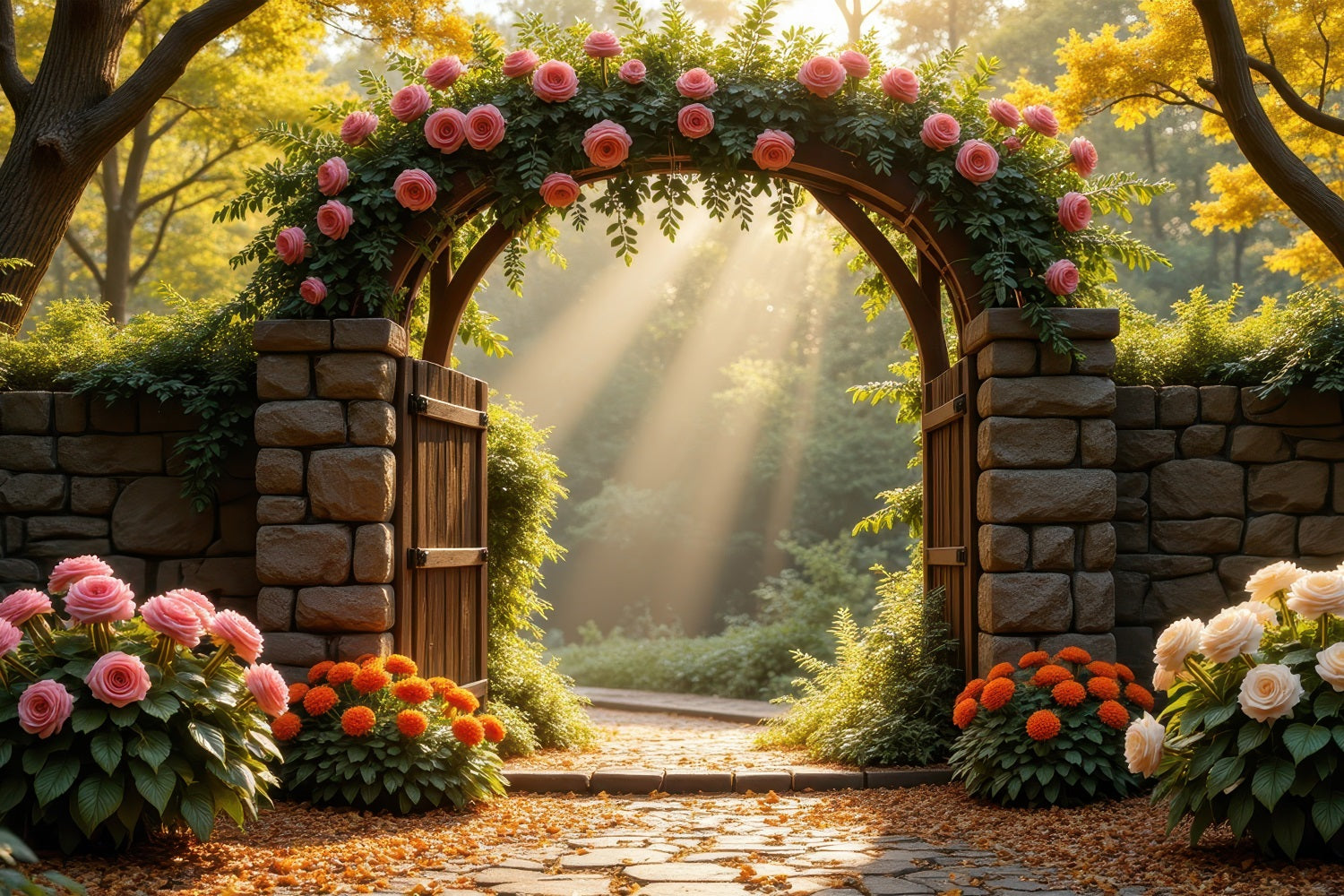 Fond Fleuri Arche en Pierre Chargée de Roses BRP1-514