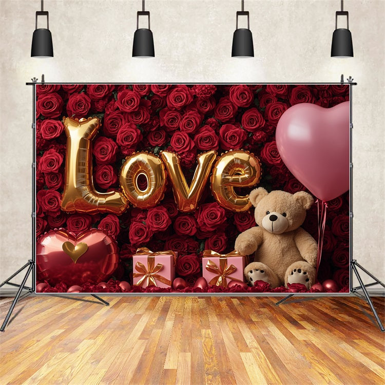 Toile de Fond Décor St-Valentin Roses Rouges Ours en Peluche BRP1-84