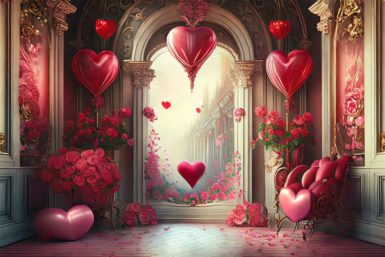Toile de Fond St-Valentin Arche de Ballons Cœurs Romantiques BRP1-89