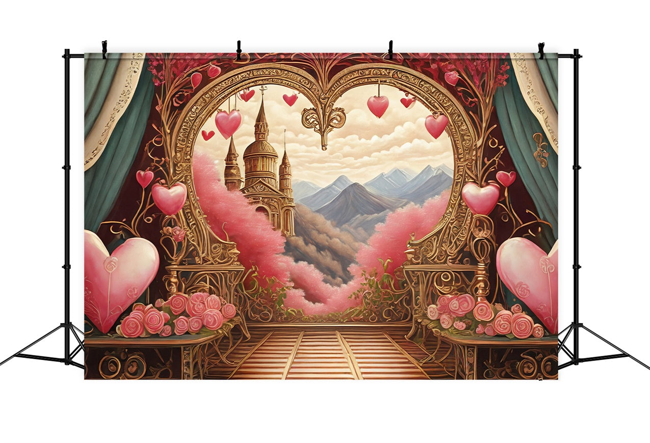 Toile de Fond Saint Valentin Arche de Cœurs Vue sur la Montagne BRP1-90