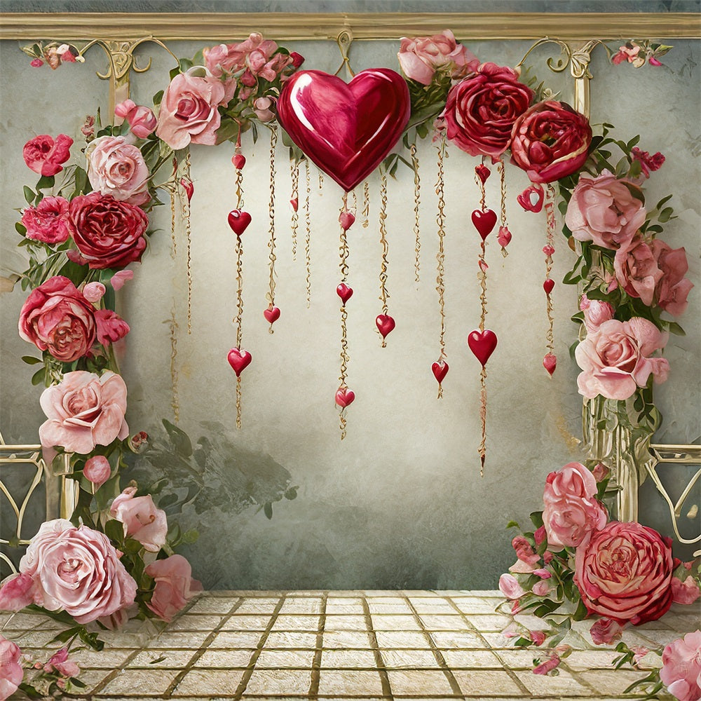Toile de Fond Photo Saint Valentin Roses Romantiques Cœurs Suspendus BRP1-91
