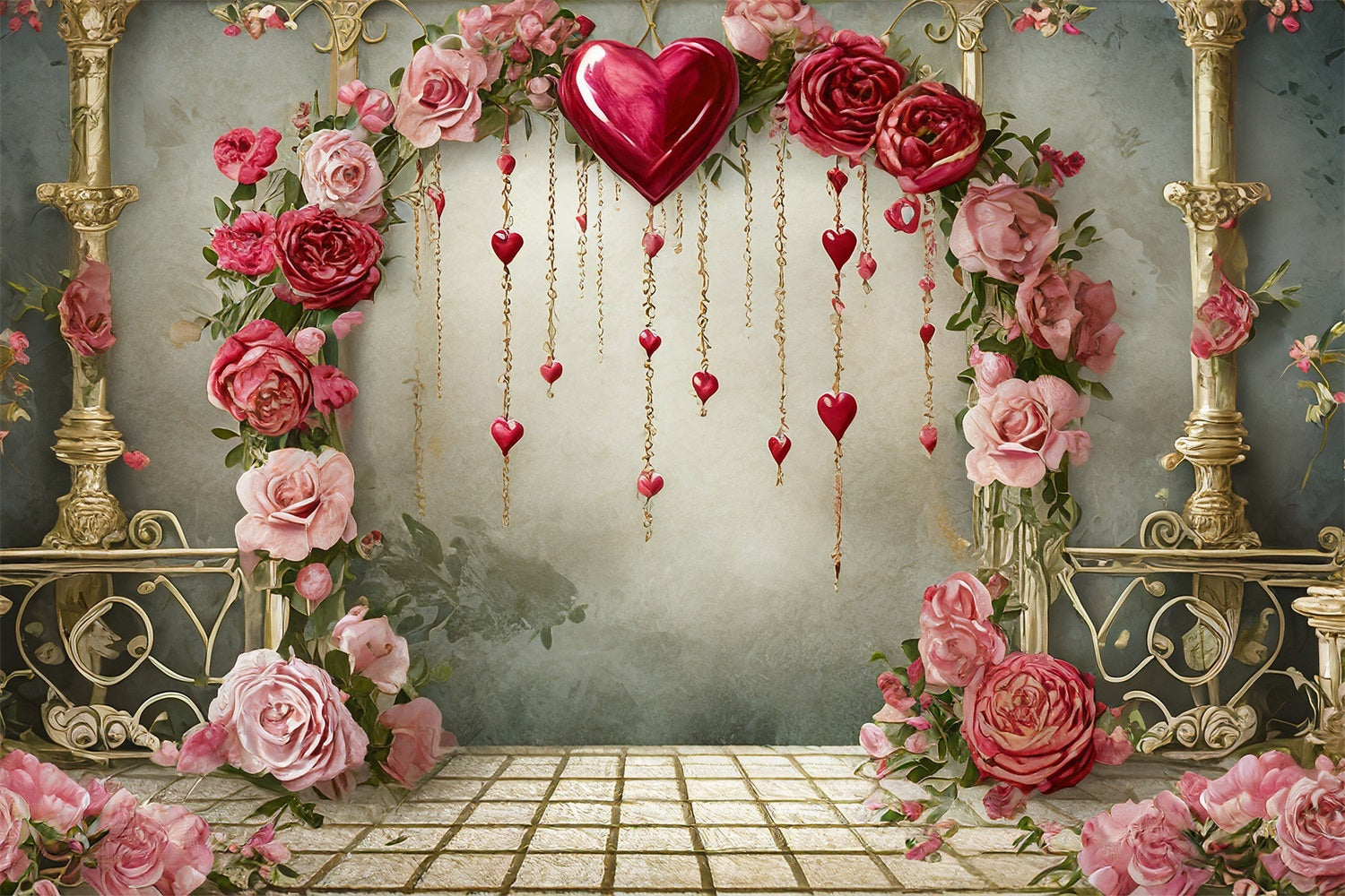 Toile de Fond Photo Saint Valentin Roses Romantiques Cœurs Suspendus BRP1-91
