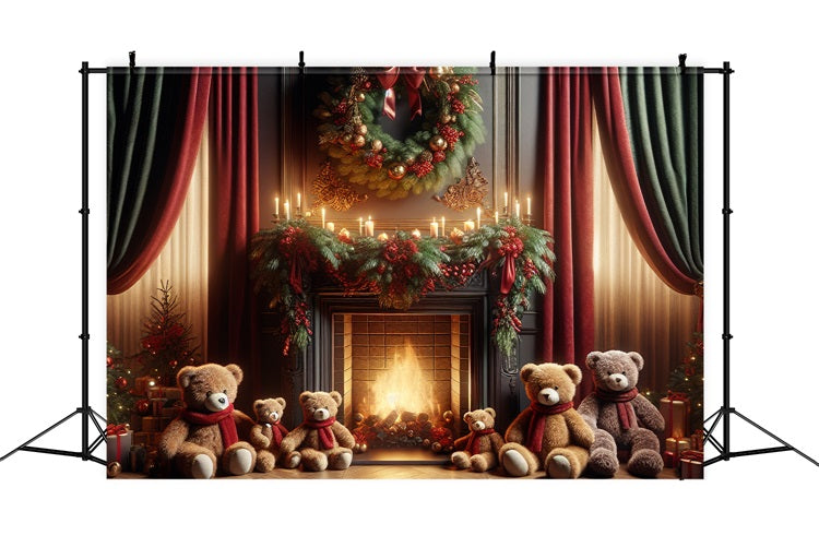 Noël Toile de fond Couronne Famille d'ours cheminée BRP10-162