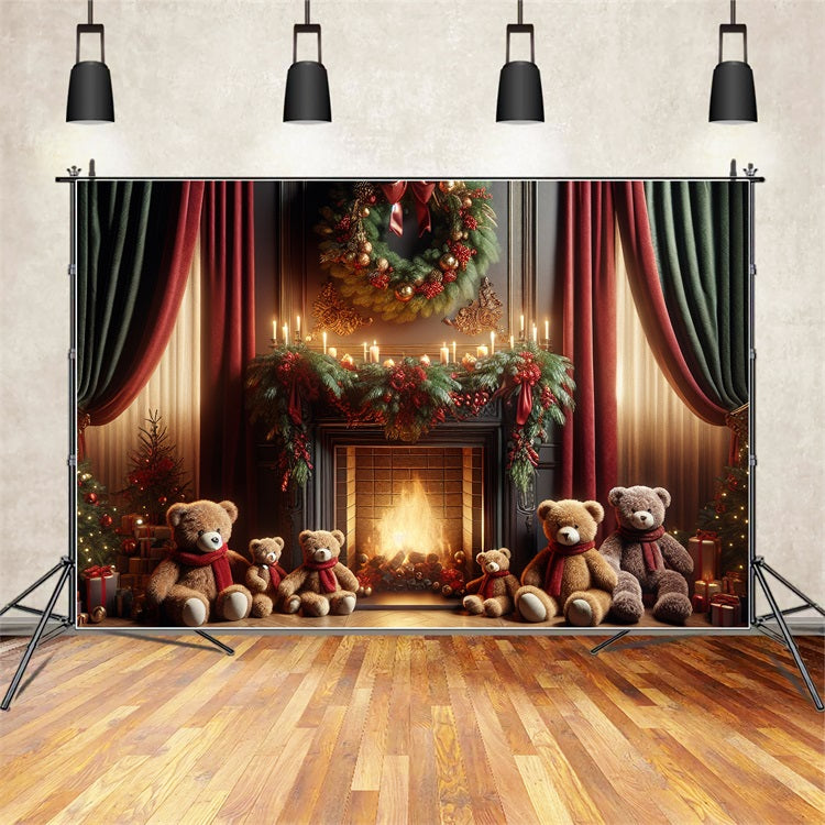 Noël Toile de fond Couronne Famille d'ours cheminée BRP10-162