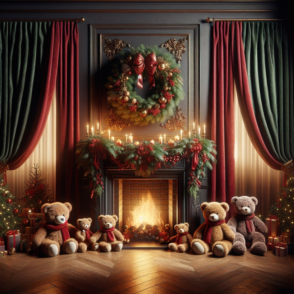 Noël Toile de fond Couronne Famille d'ours cheminée BRP10-162