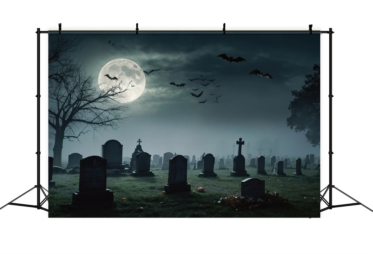 Halloween Toile de fond Pleine Lune et cimetière avec chauves-souris BRP10-191