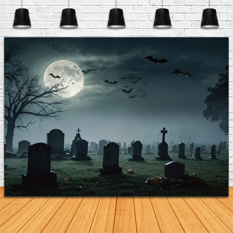 Halloween Toile de fond Pleine Lune et cimetière avec chauves-souris BRP10-191