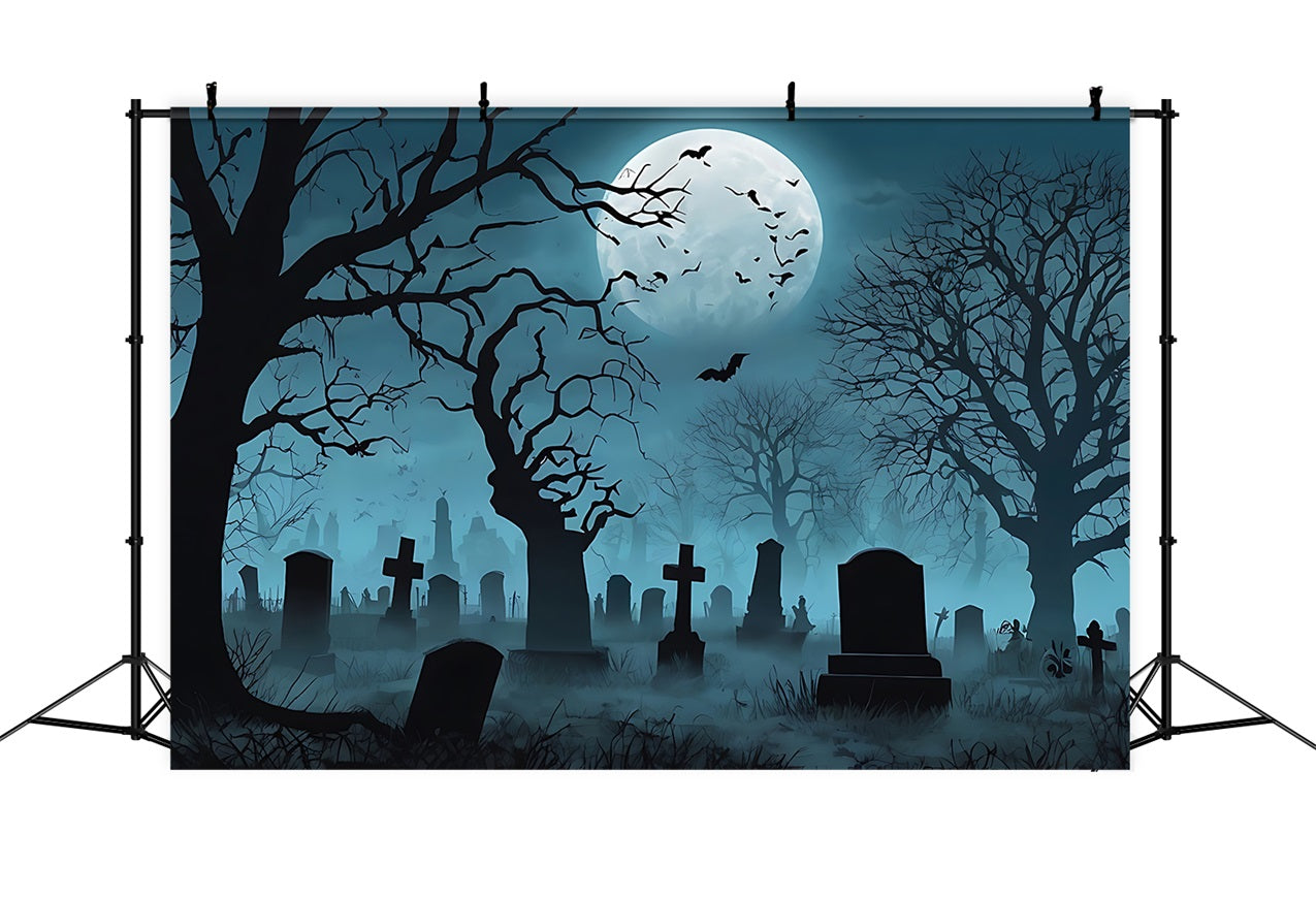 Halloween Toile de fond Idées cimetière brumeux avec arbres sombres et lune BRP10-193