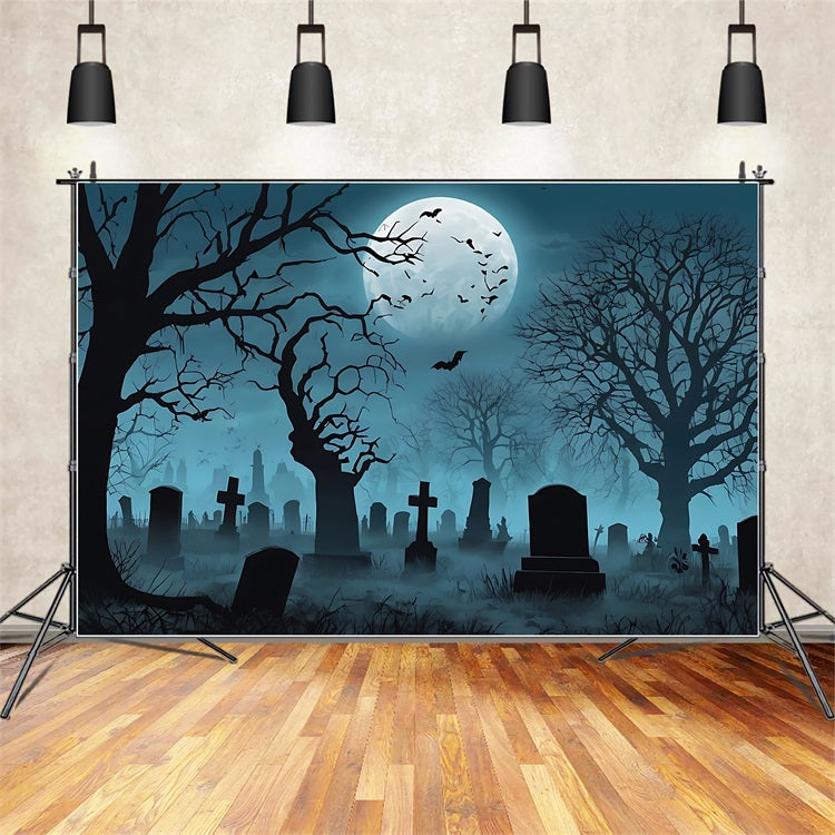 Halloween Toile de fond Idées cimetière brumeux avec arbres sombres et lune BRP10-193