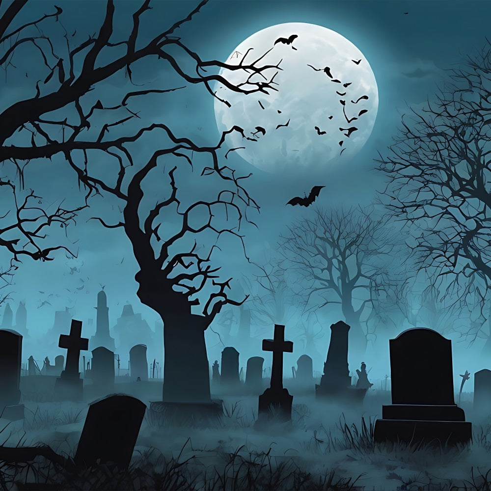 Halloween Toile de fond Idées cimetière brumeux avec arbres sombres et lune BRP10-193