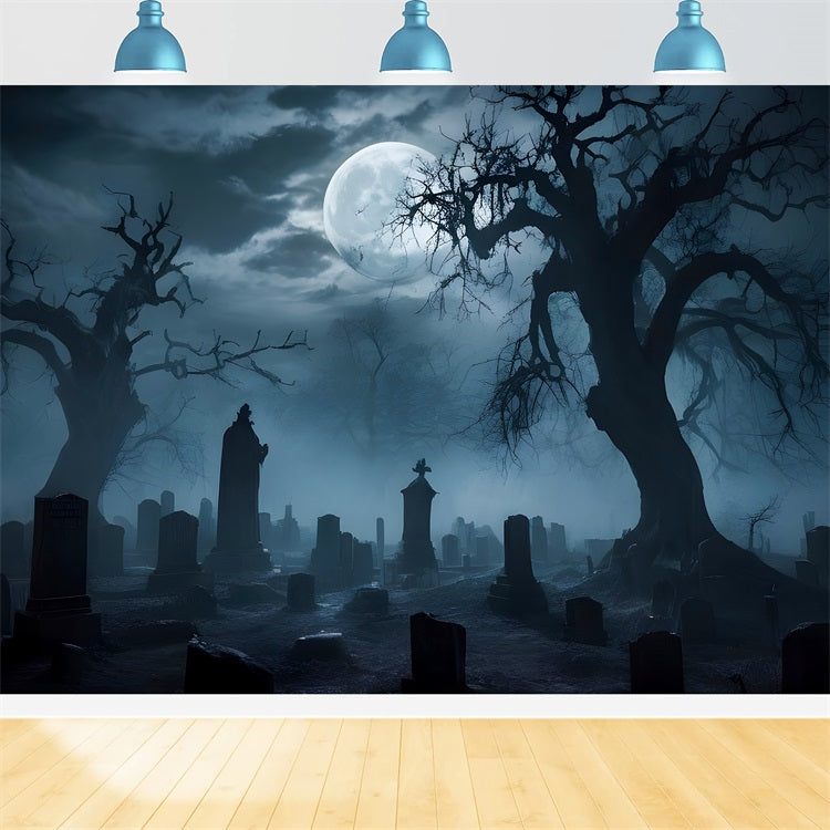 Halloween Toile de fond Cimetière brumeux avec arbres tordus BRP10-194