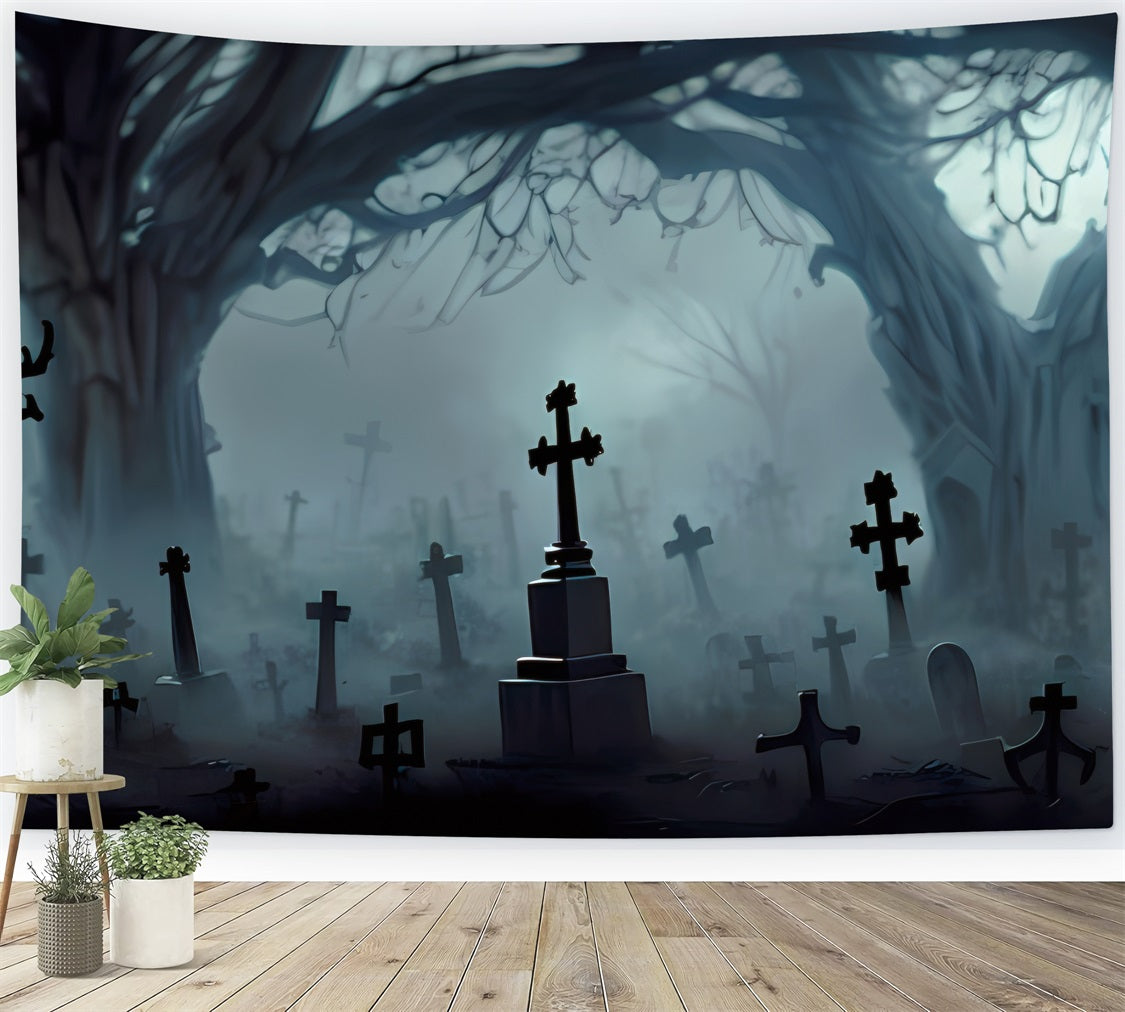 Halloween Toile de fond Cimetière avec croix et arbres tordus BRP10-196