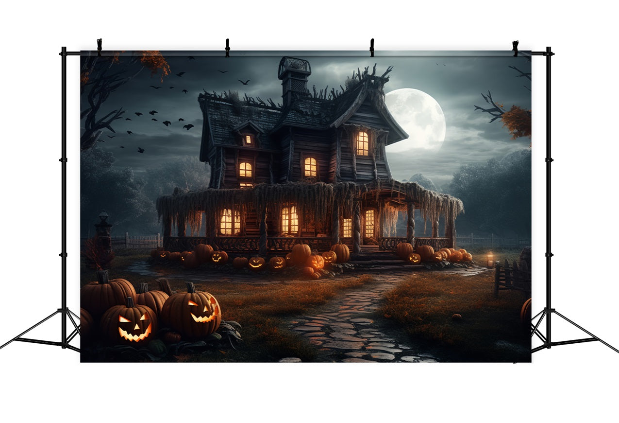 Halloween Toile de fond Maison effrayante avec citrouilles au clair de lune BRP10-202