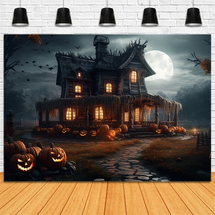 Halloween Toile de fond Maison effrayante avec citrouilles au clair de lune BRP10-202