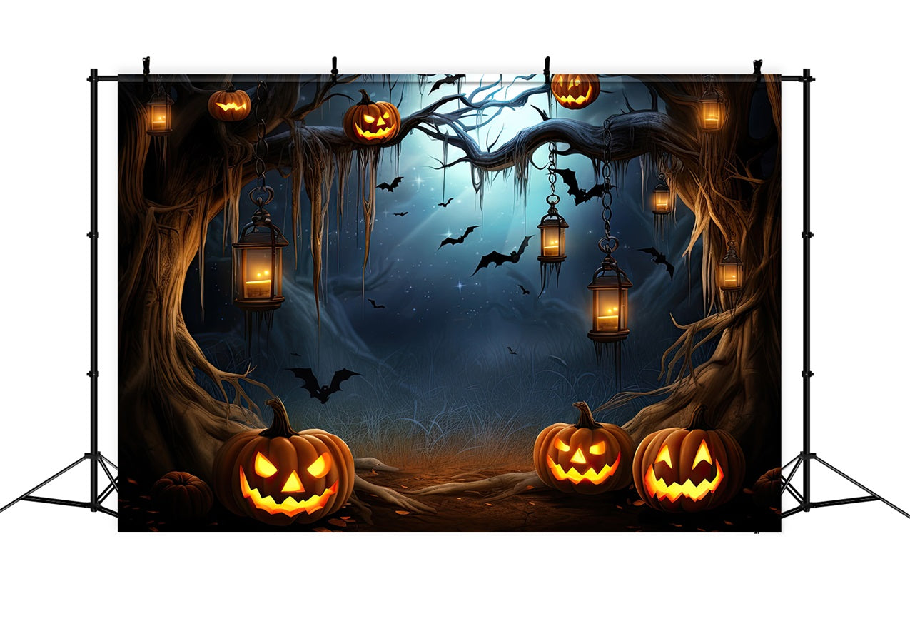 Halloween Toile de fond Forêt effrayante avec citrouilles et chauves-souris BRP10-203