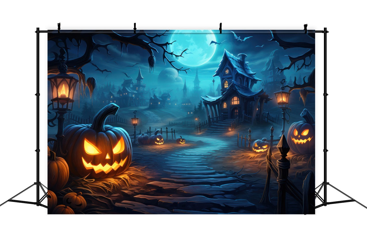 Halloween Toile de fond Village avec citrouilles et chauves-souris BRP10-204