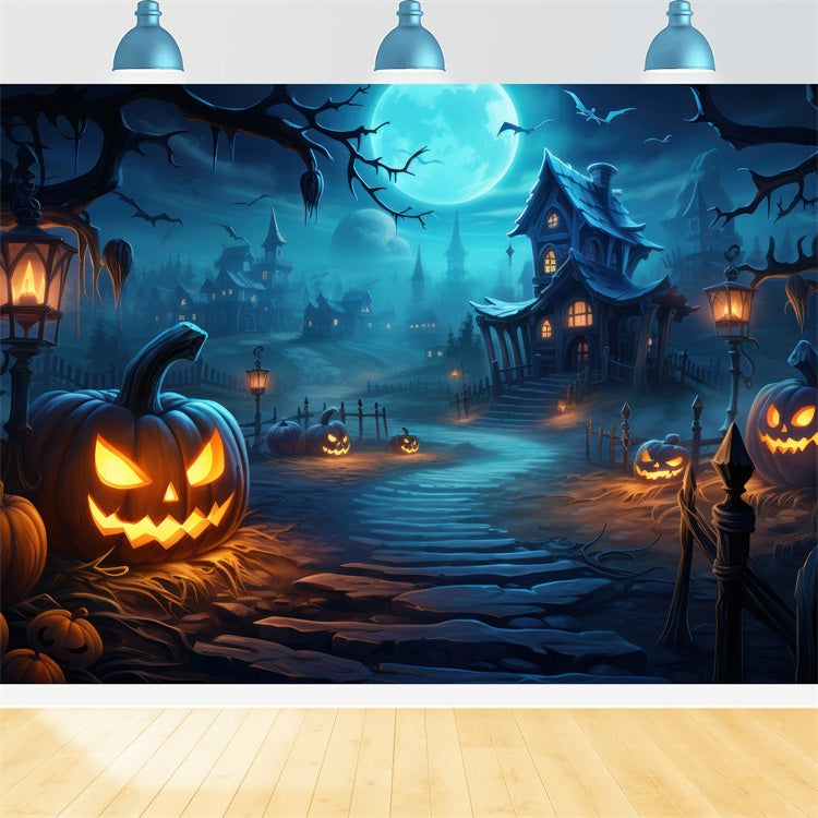 Halloween Toile de fond Village avec citrouilles et chauves-souris BRP10-204