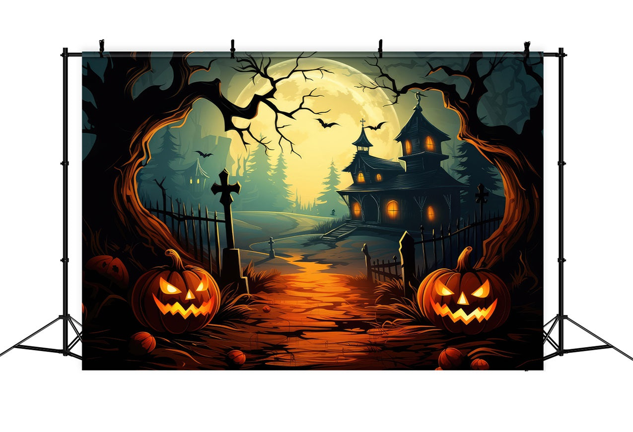 Halloween Toile de fond Chemin Maison hantée avec citrouilles et lune BRP10-206