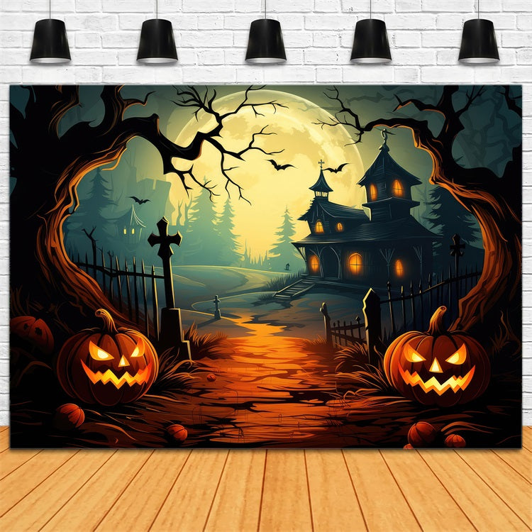 Halloween Toile de fond Chemin Maison hantée avec citrouilles et lune BRP10-206